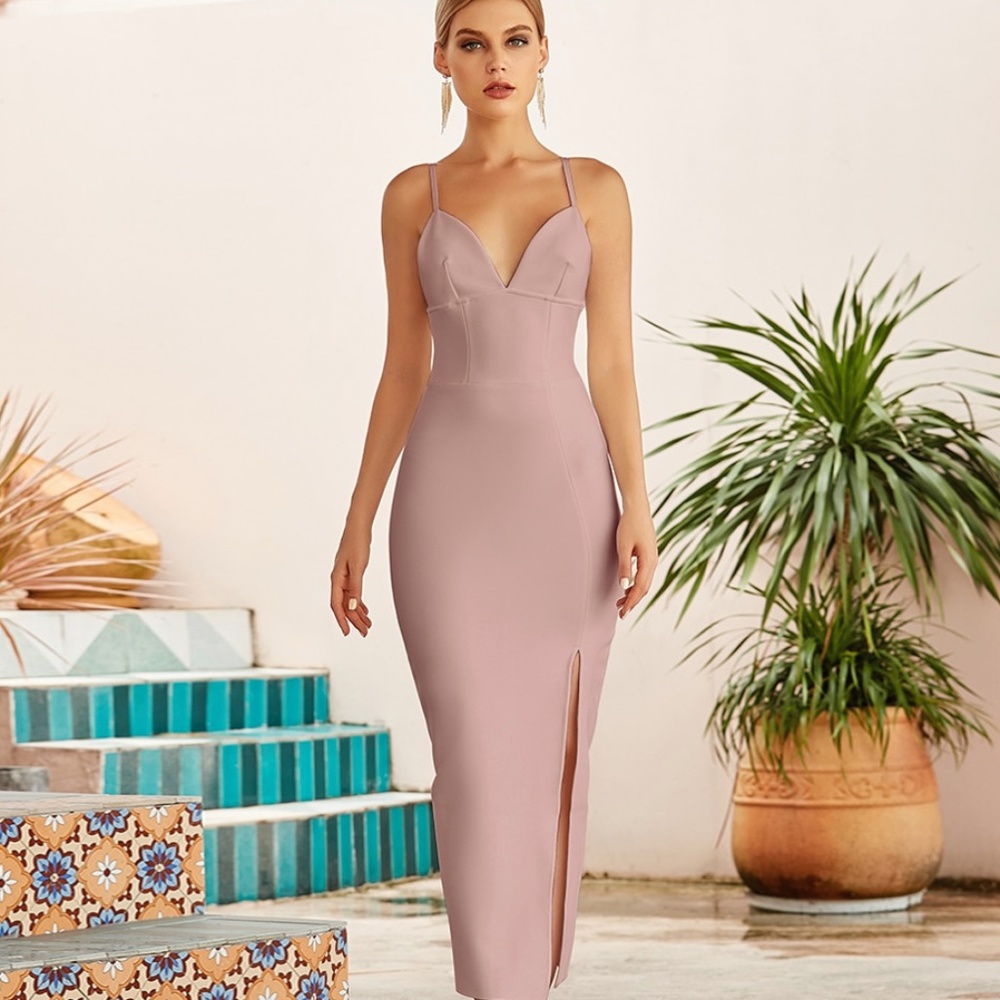 NEW! DESIGNER BEIGE BANDAGE DRESS ELEGANT COUTURE DRESS THIGH SLIT THIN STRAPS